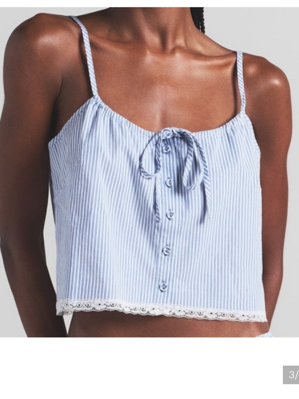 SKIMS Light Blue and White Striped Lace-Trim Cami Tank